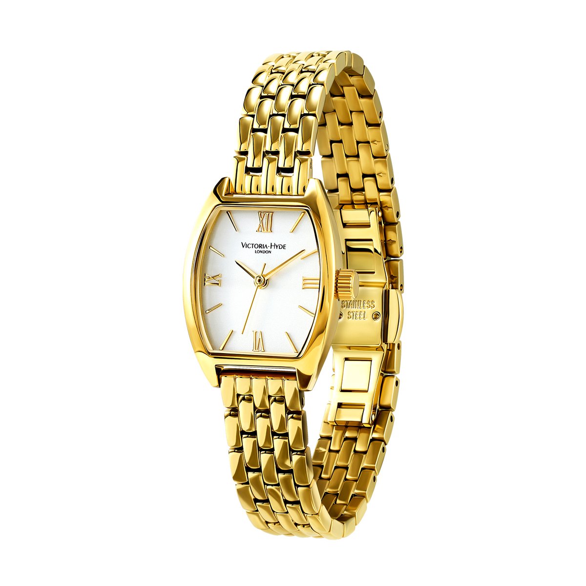Victoria Hyde "Barrel"- Horloge Dames - Dameshorloge - Elegante Horloge - 23mm - Mineraalglas - Schakelband - 3 ATM - Quartz - Cadeau Voor Vrouw - Goudkleurig