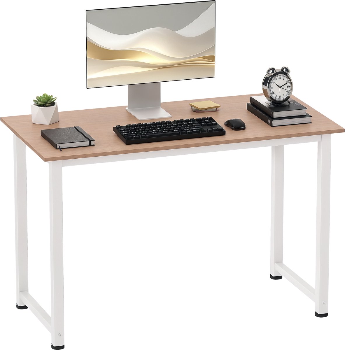 Bureau met stalen frame, verstelbare poten, studietafel voor thuiswerkplek, 120x60x76 cm, wit en naturel