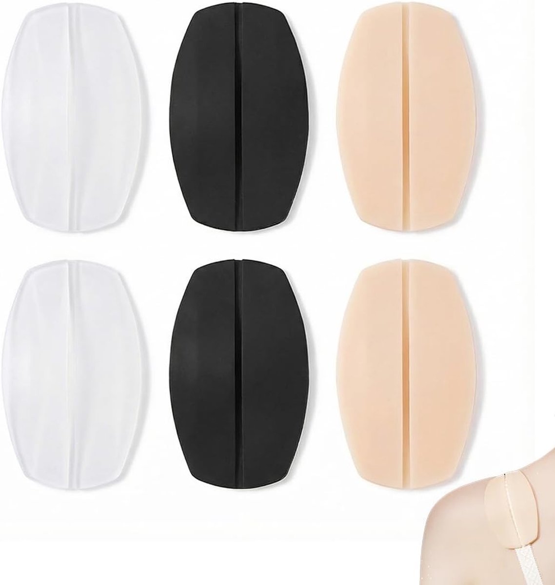 Antislip beha-pads voor pijnverlichting - 6 stuks siliconen schouderkussens, bekleding en beha-accessoires in wit, huidskleur en zwart
