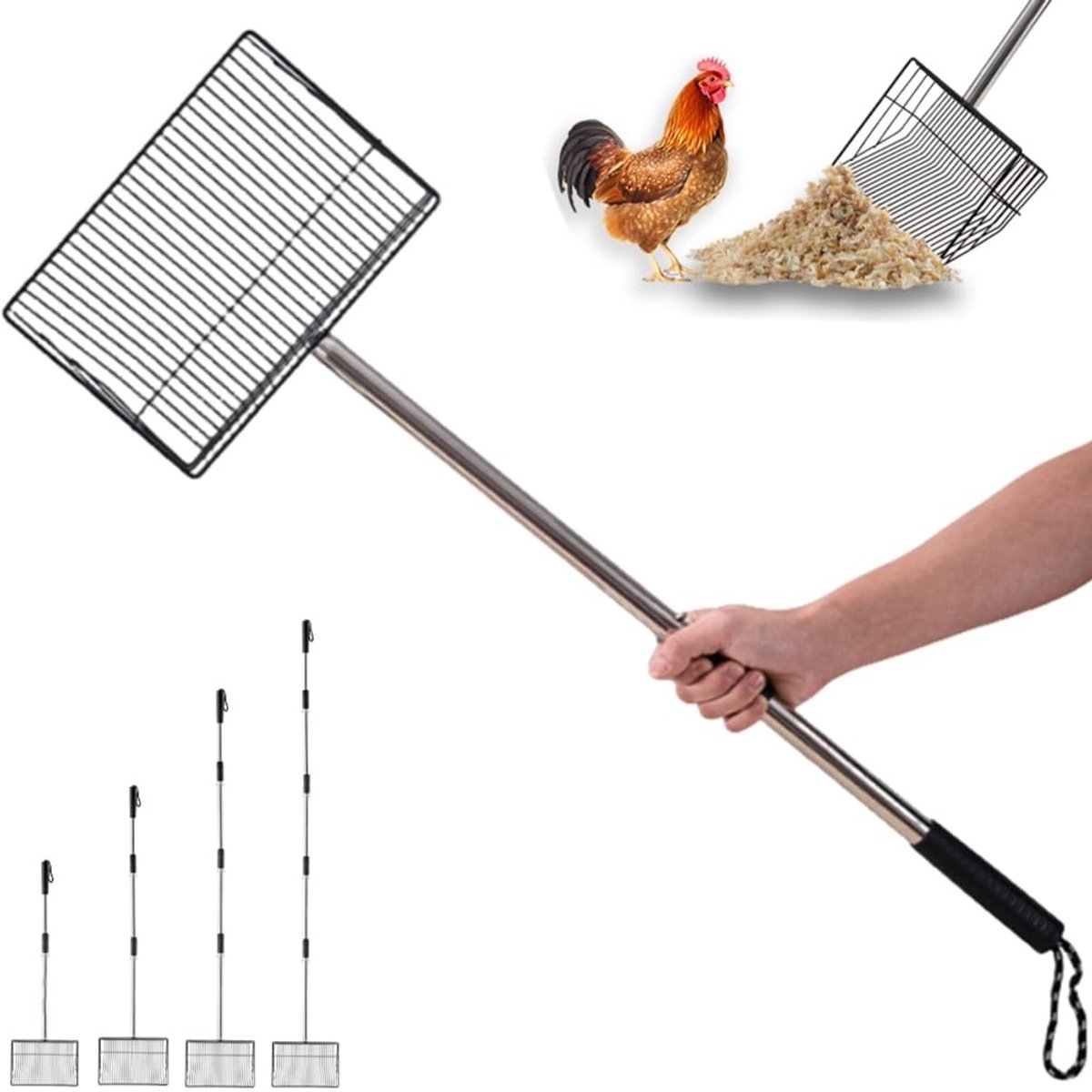 Extra brede kippenpoep schep van 25 cm, 170 cm lang, ideaal voor kippenhok en tuin, met fijn zeef van 7 mm