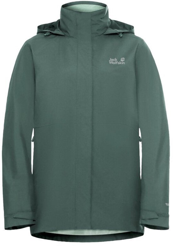 Veste d'extérieur vert foncé avec capuche et logo Jack Wolfskin sur la poitrine. La veste a une fermeture éclair.