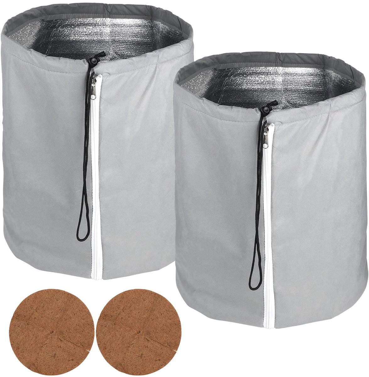 2-delige Thermische Plantenhoes - Vorstbescherming met trekkoord, ritssluiting en vilten kokosschijf - Voor plantenbakken en plantenpotten - Grijs - 70 x 65 cm - Ø 65 cm
