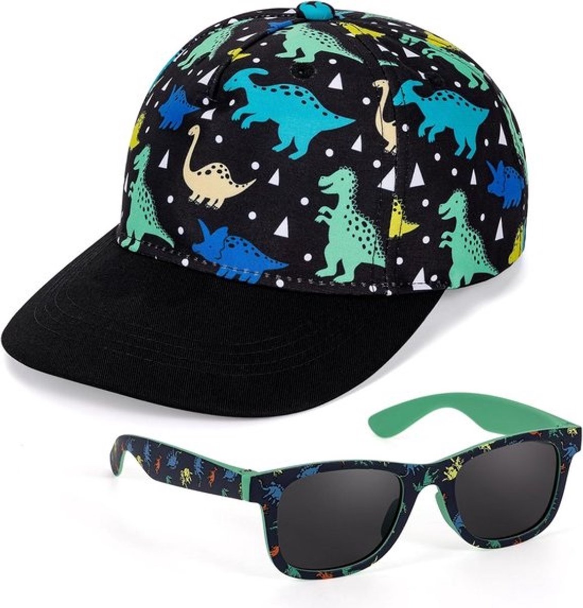 Honkbalpet en Zonnebril Set voor Kinderen met Dinosaurus Motief - Verstelbare Snapback met UV Bescherming