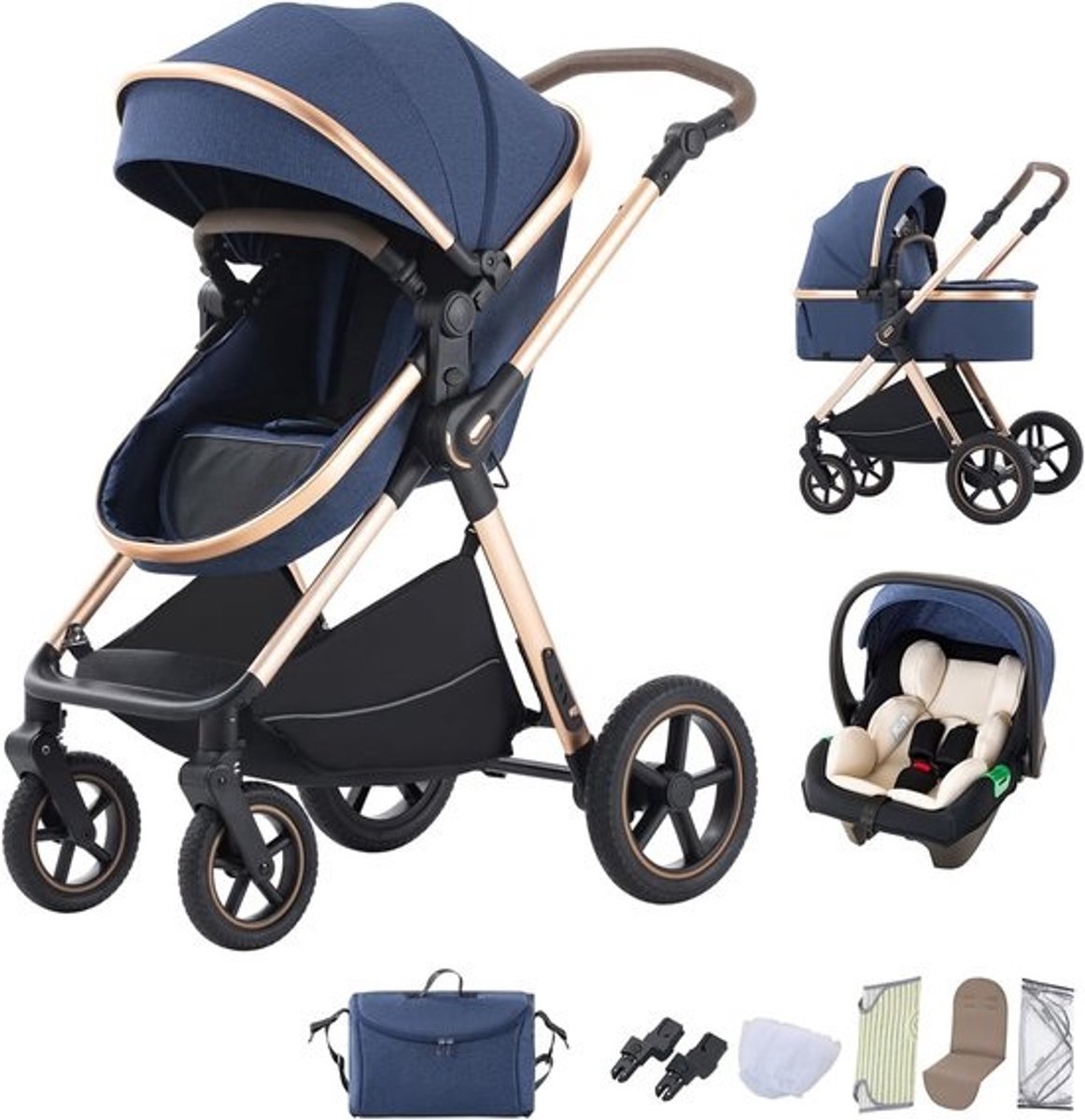 3-in-1 Kinderwagen Combiwagen en Buggy - Inklapbaar Reissysteem voor Pasgeborenen