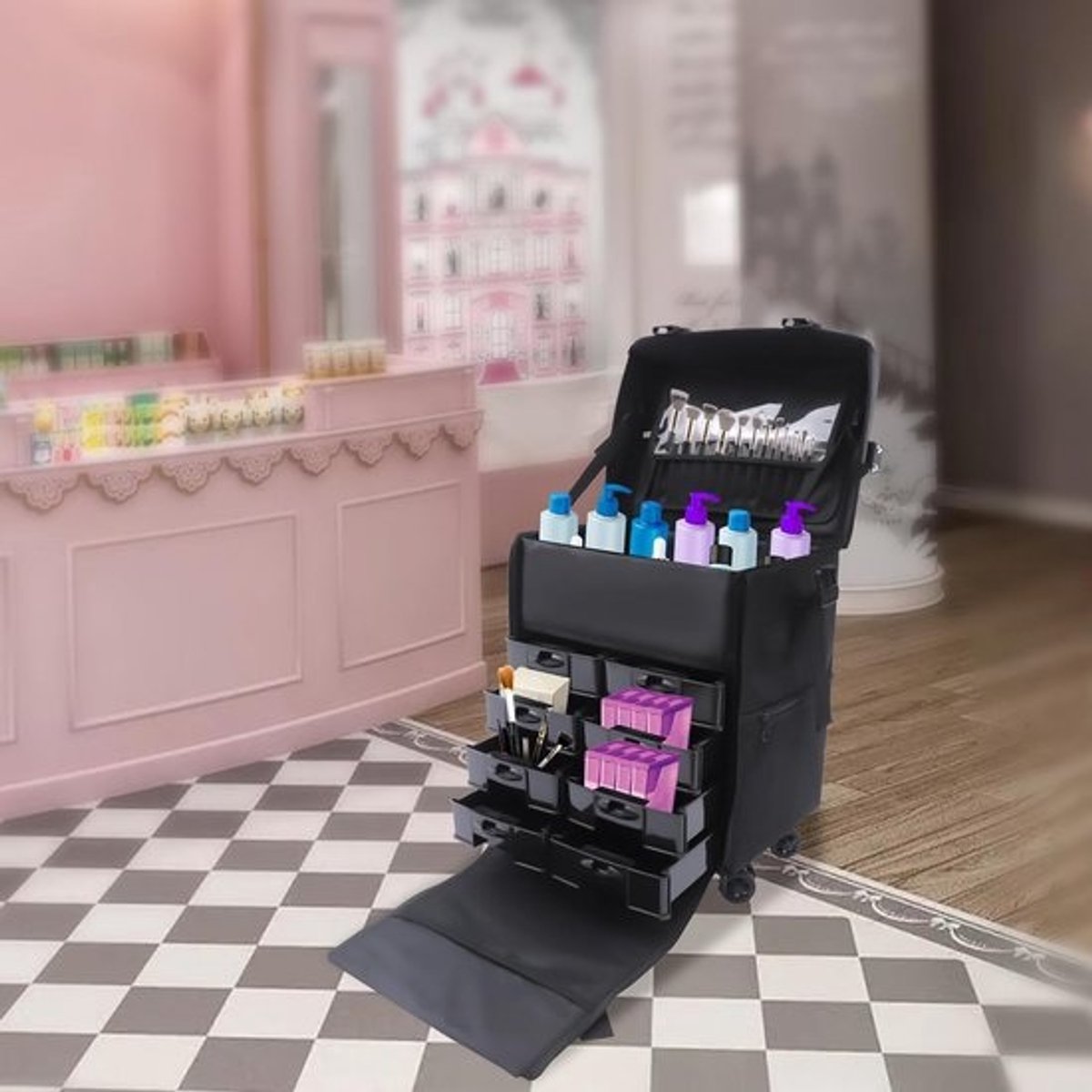 2-in-1 Cosmeticatrolley met Wielen en Trekstang - 8 Lades - Draagbaar en Afneembaar Opbergkoffer voor Make-up en Nagelart