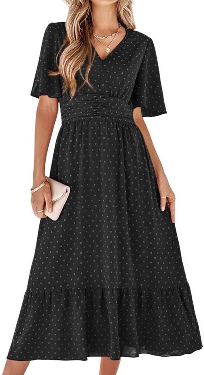 Elegante Zomerjurk Dames - Boho Maxi Jurk met Korte Mouwen en V-hals voor Strand en Vrije Tijd