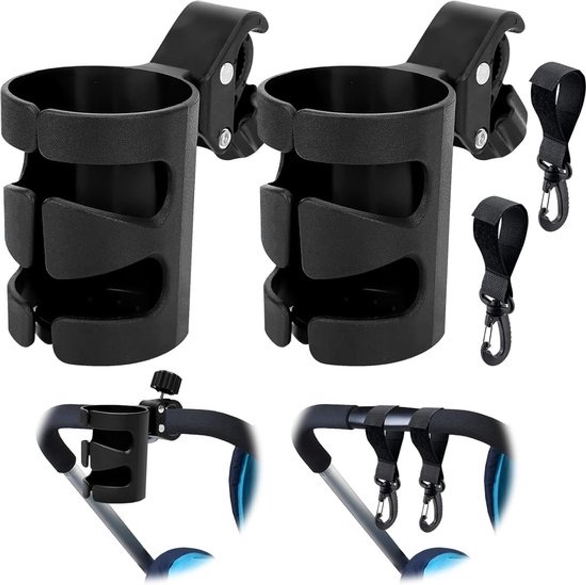 Universele bekerhouders voor kinderwagens - 2 stuks met haken - Perfect voor buggy's, fietsen en rolstoelen