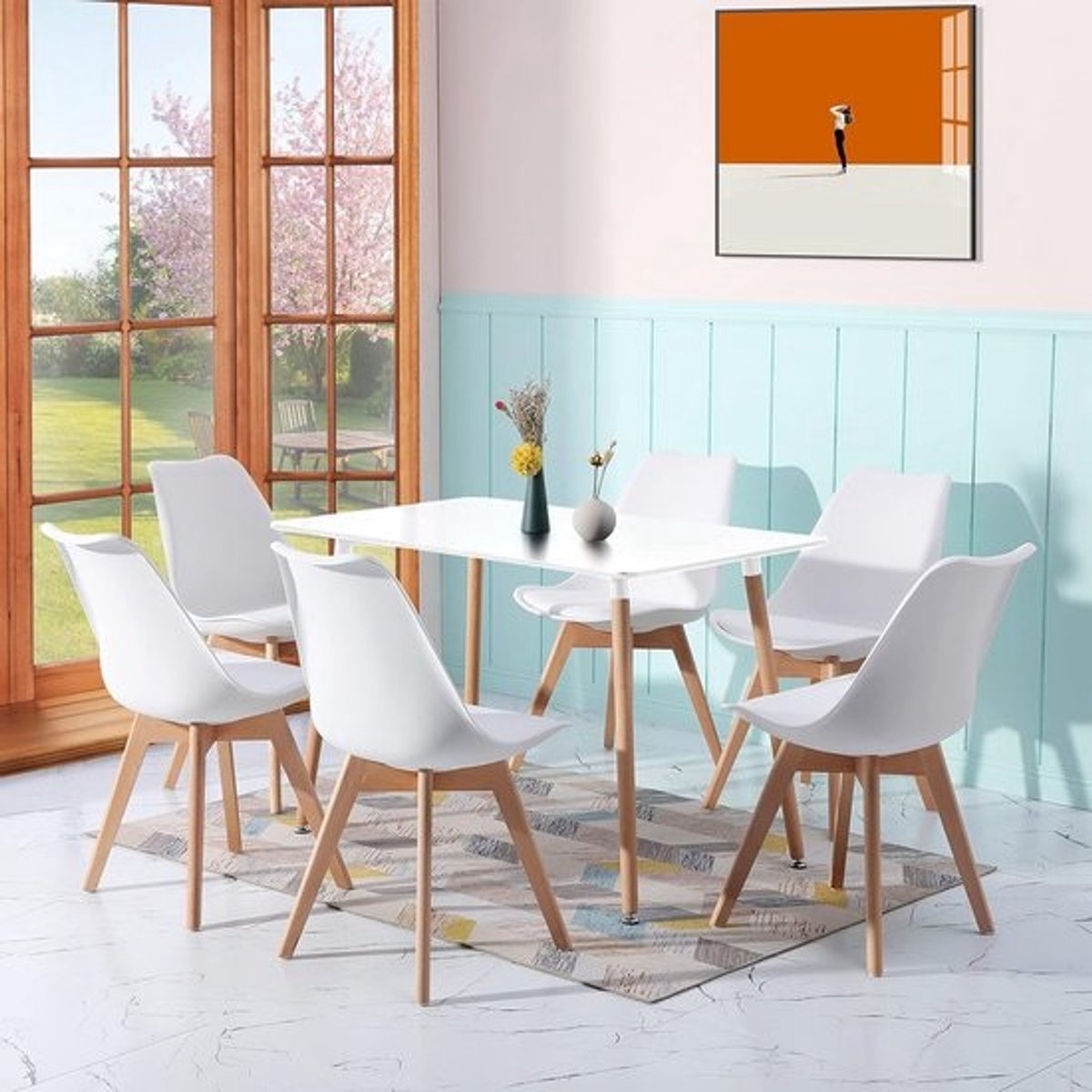 Eetkamer set met tafel 110 cm en 6 stoelen - witte rechthoekige eettafel voor eetkamer, keuken en woonkamer