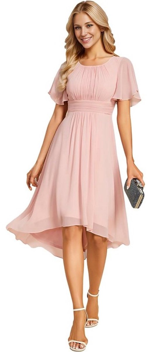 Elegante Ruches Jurk met Korte Mouwen, Ronde Hals en Knie-Lengte Rok in Roze Chiffon voor Vrouwen