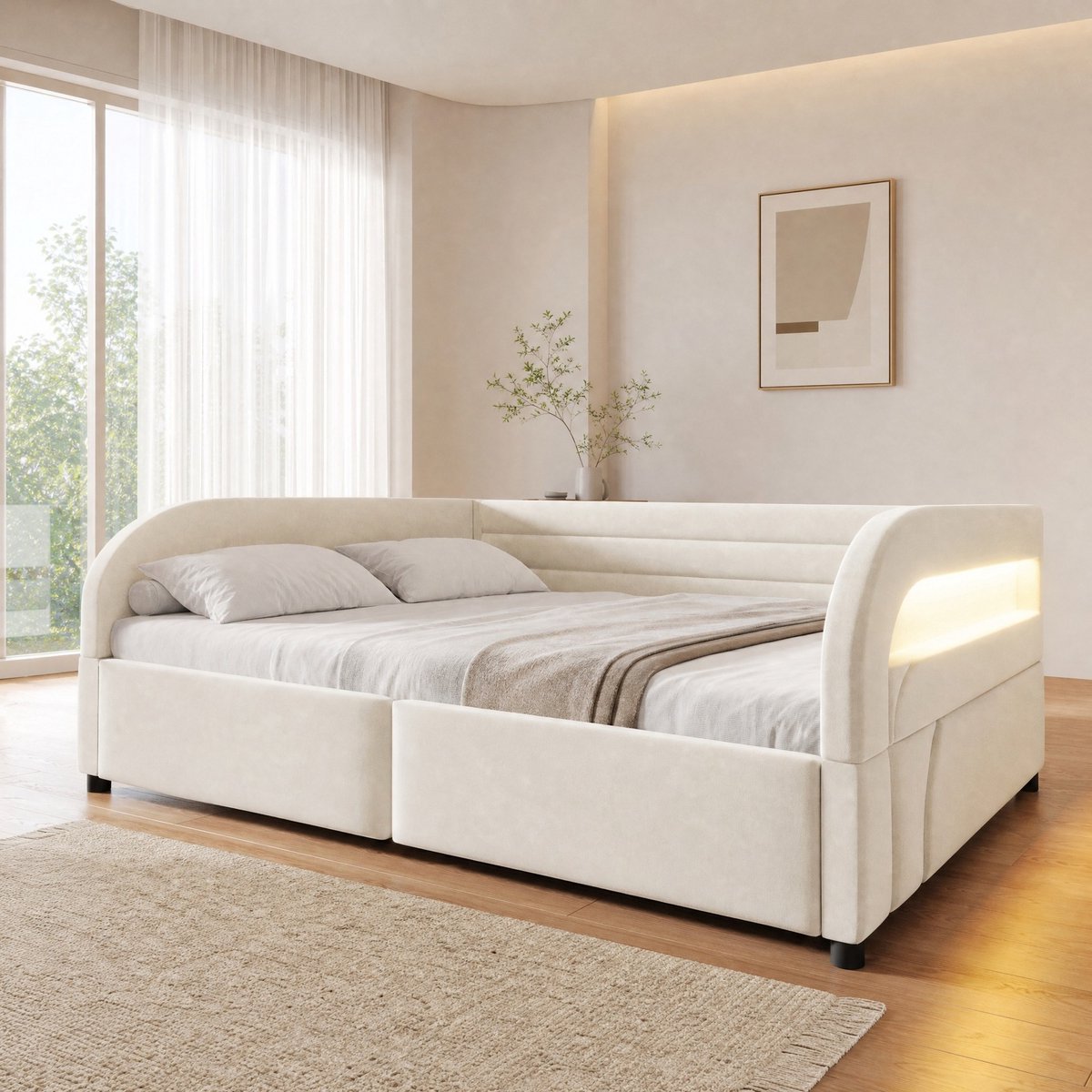 MODENUIT Bed 140 x 200 cm - Hydraulische Opbergruimte En LED-Verlichting - Voor Slaapkamer - Stof - Beige