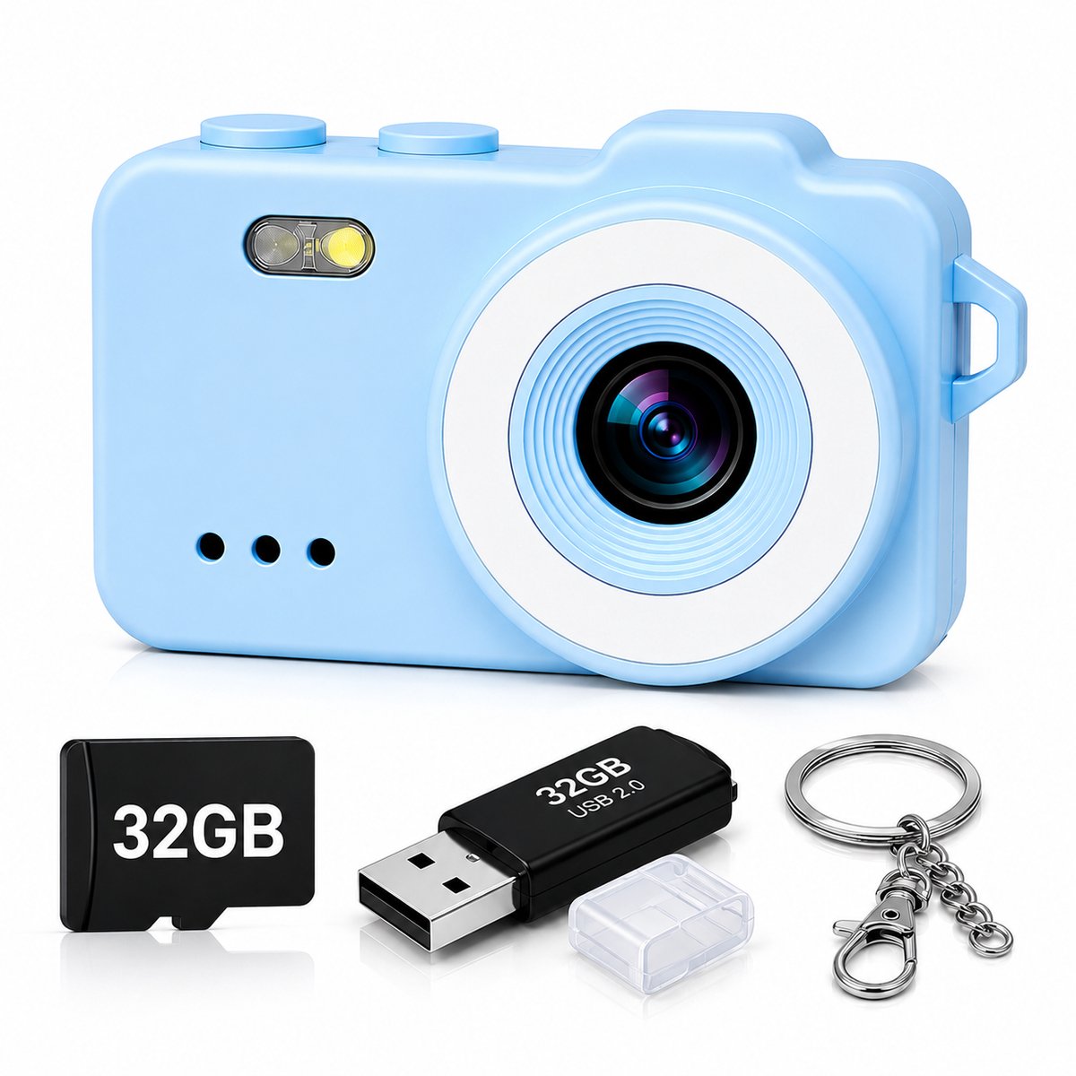 PersonalClick V78 Mini Camera – Mini Camera Sleutelhanger – Digitale Camera – HD Foto & Video – 32GB Micro SD Kaart + USB Stick – Blauw