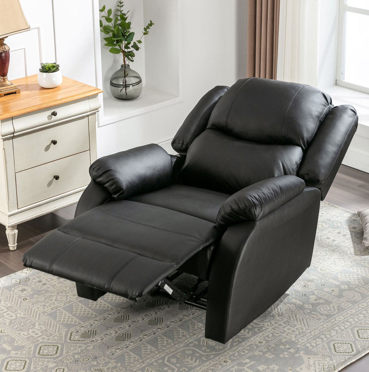 MODENUIT Relaxfauteuil 80 x 90 x 100 cm - Handmatig Verstelbare Rugleuning En Voetensteun - Woonkamer - PU Leer - Zwart