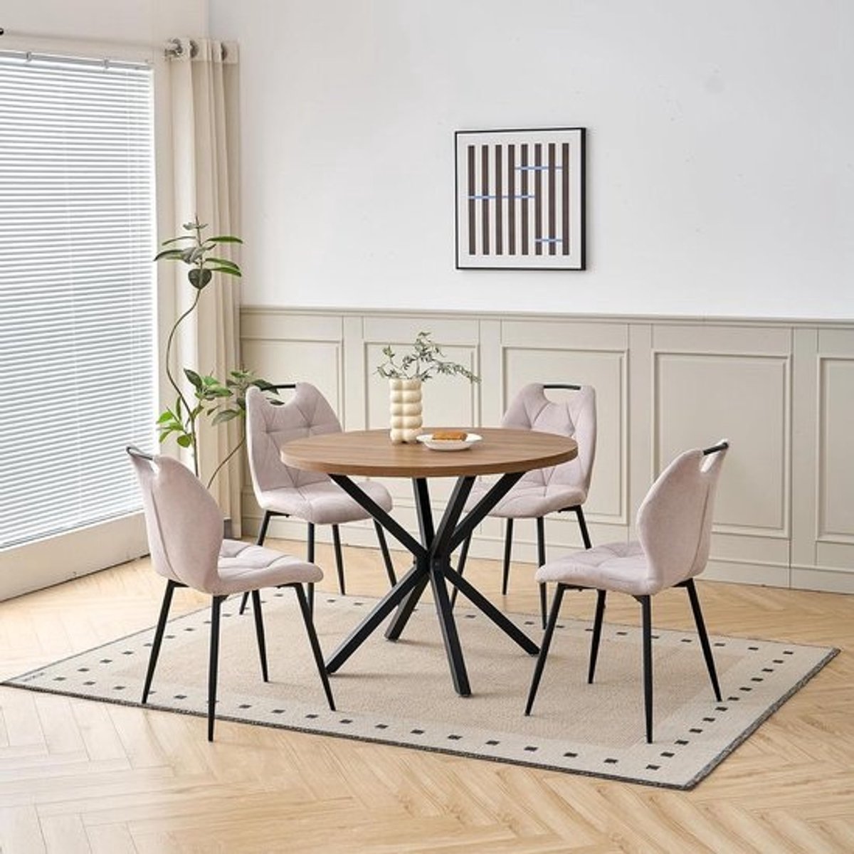 Eetkamerset Ronde Tafel - Eettafel met Stoelen - Samen Eten - Industrieel Design - 100 cm Diameter - Donker Hout Kaki