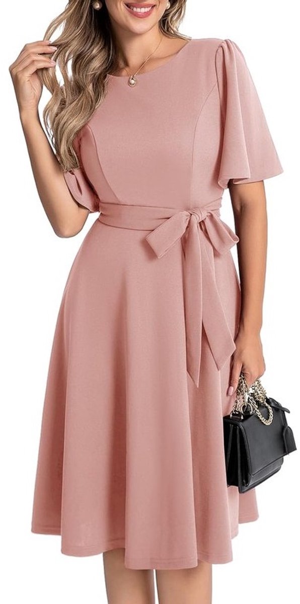 Midi Avondjurk - Cocktailjurk Feestjurk - Bruiloft Gast - Met Riem - Midi Lengte - Elegant