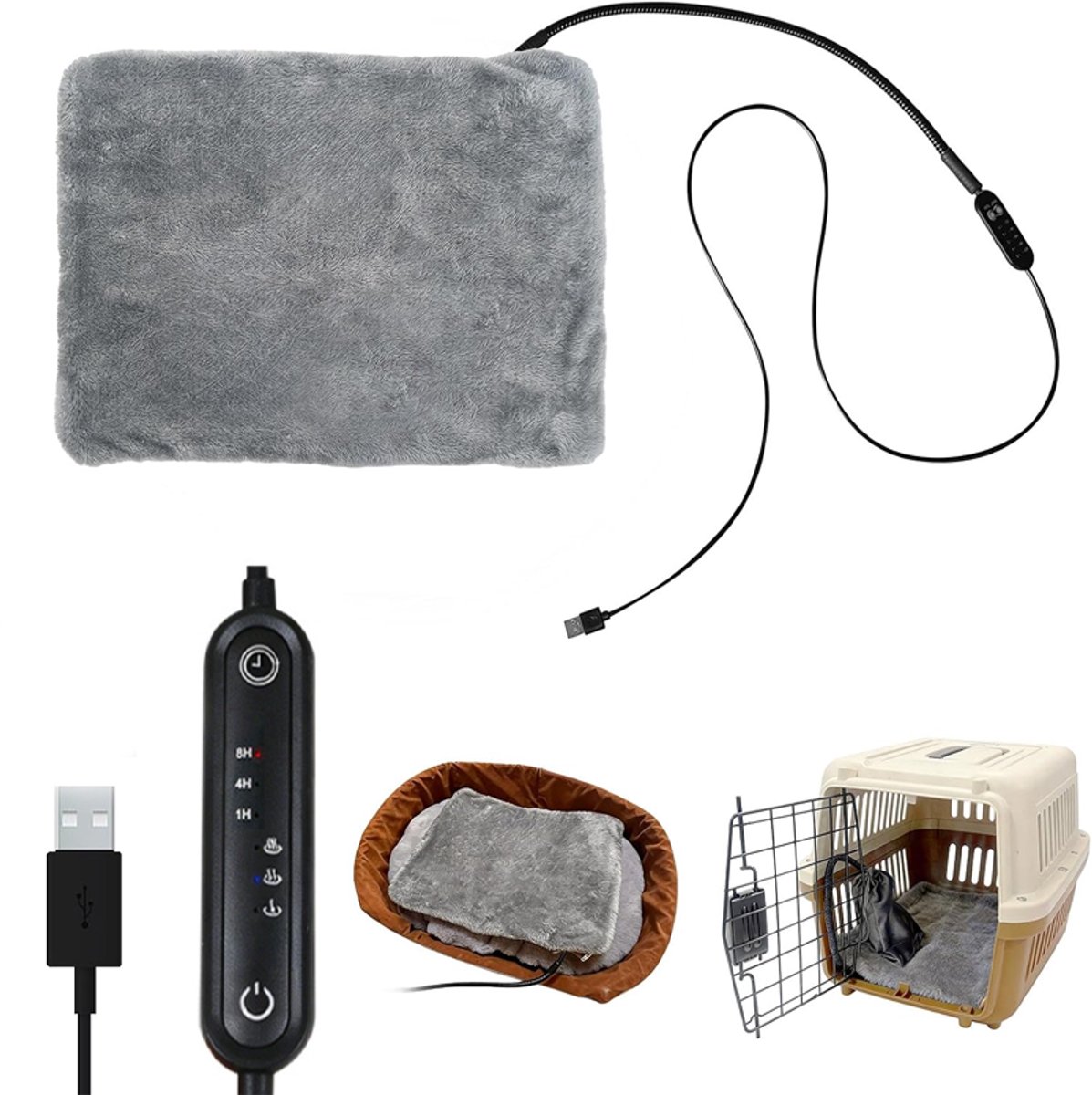 KZQ USB verwarmingskussen voor huisdieren 30x40 cm - Met wasbare hoes - 5 temperaturen en timer - Waterdicht en veilig voor binnen en reizen - Grijs