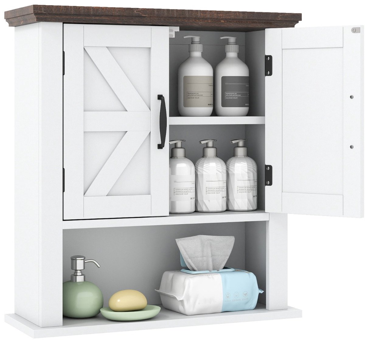 SureDeal® - Hangkast - Wandkast Hout - Verstelbare Legplanken Deuren - Open Opbergvak Badkamerkast - 55x19x60 cm - Wit