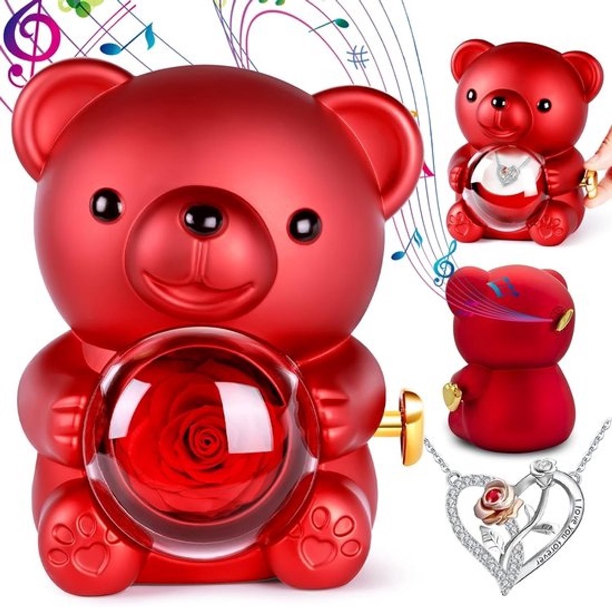 Rozenbeer met Ketting - Bloemenbeer Cadeau - Romantisch Verrassen - Met Muziekdoos - 12 x 11 x 16 cm - Rood