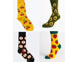 4-Pack Grappige Sokken – Avocado, Appel, Aardbei & Kersen – Unisex – Maat 35-43 – Comfortabele Cadeau Sokken