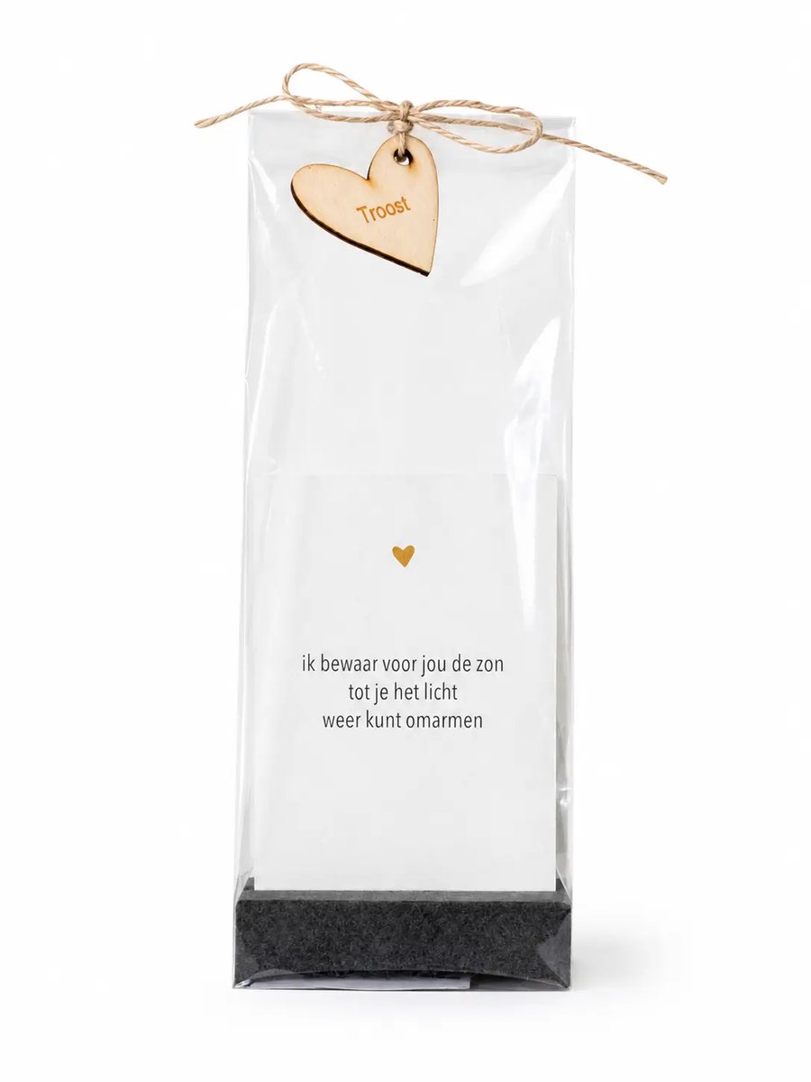 Hartgedichtje Troost Cadeauzakje – 7 Gedichtenkaartjes met Kaarthouder en Bamboe Hartje