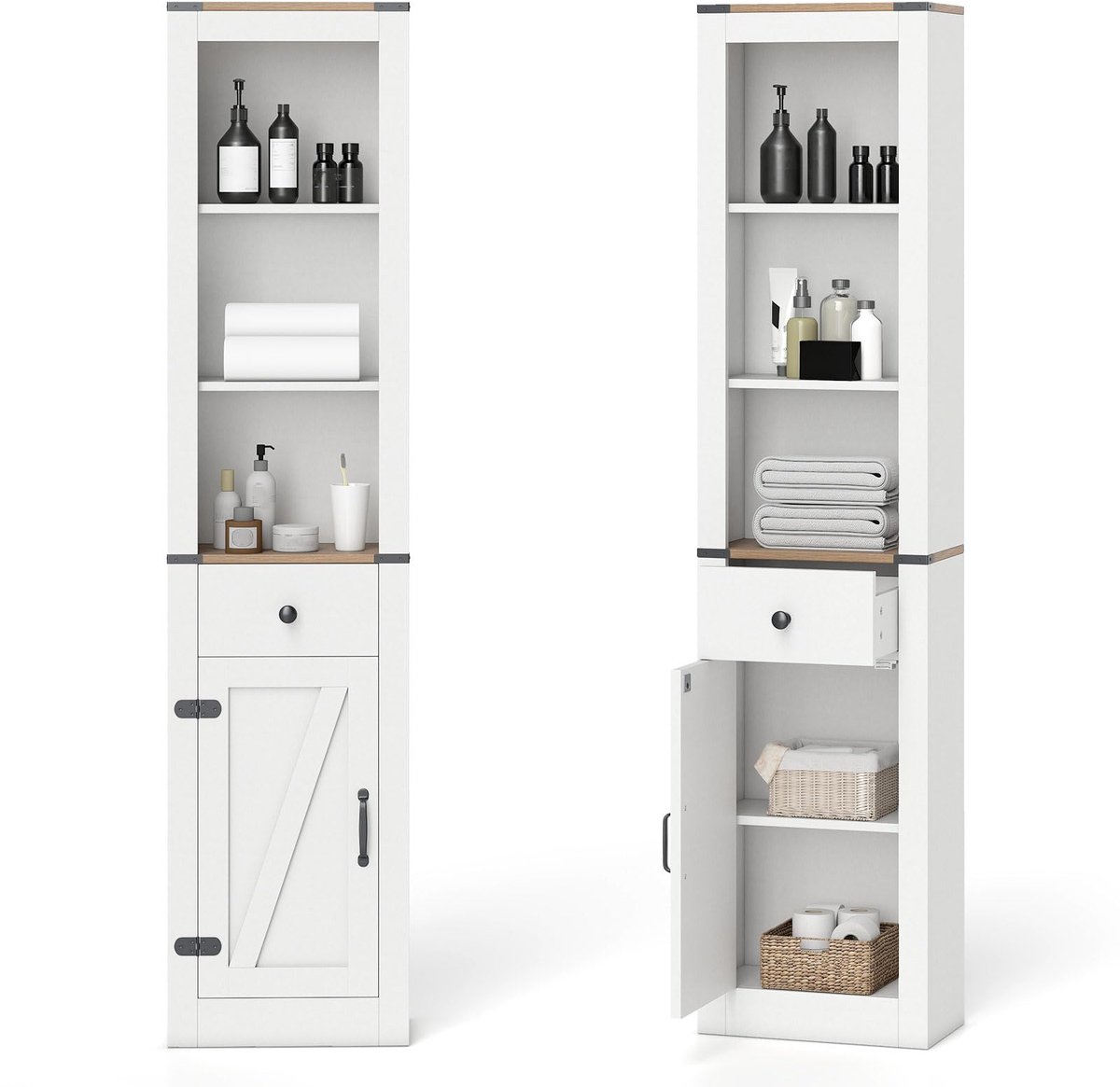 COSTWAY Badkamermeubel smal, badkamermeubel hoge kast met lade & verstelbare plank, opbergkast hout voor badkamer, woonkamer & keuken, 40 x 24 x 173 cm, landhuisstijl