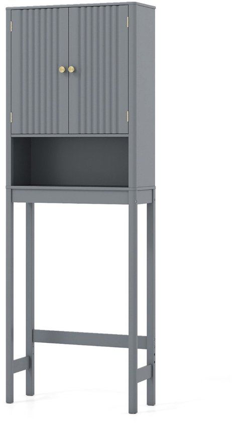 Grijze badkamerkast boven toilet, zonder toilet, met 2 deuren en open vak.