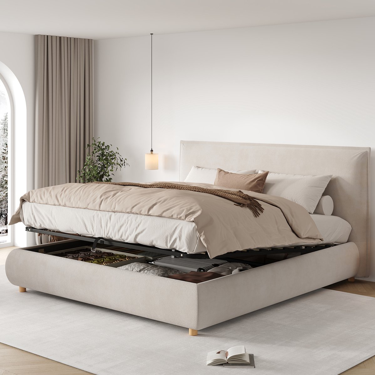 REDOM Bed - Hydraulische opbergruimte - Met lattenbodem en hoofdbord - Gestoffeerd - Modern minimalistisch - Stof en hout - Crème - 218 x 194 x 100 cm Cream