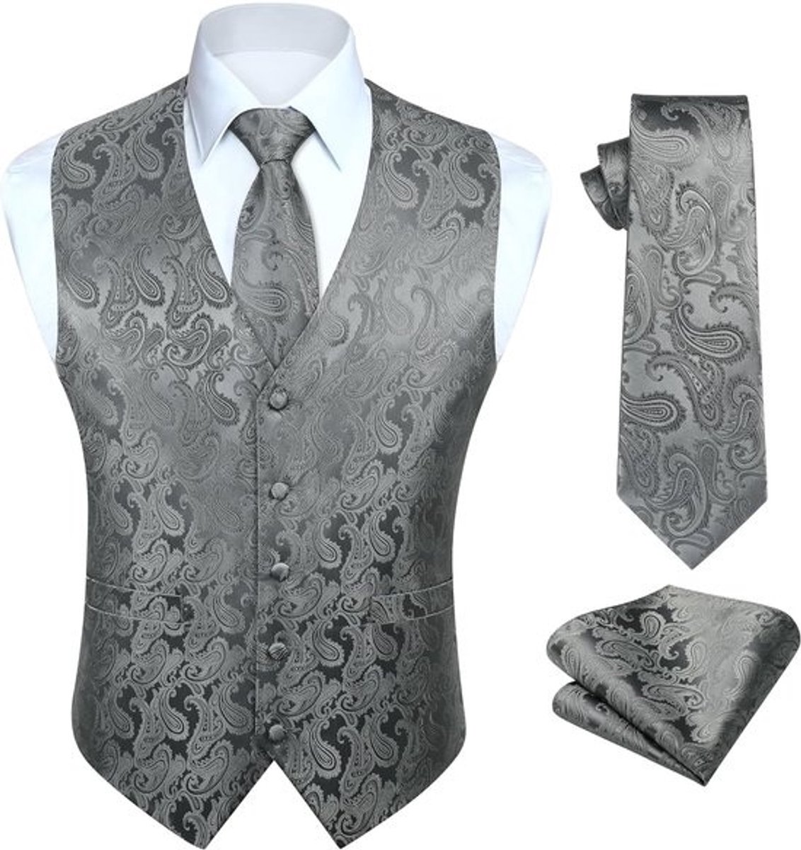 Klassiek Effen Kleur Jacquard Vest Met Stropdas en Pocket Vierkant Pak Set voor Mannen