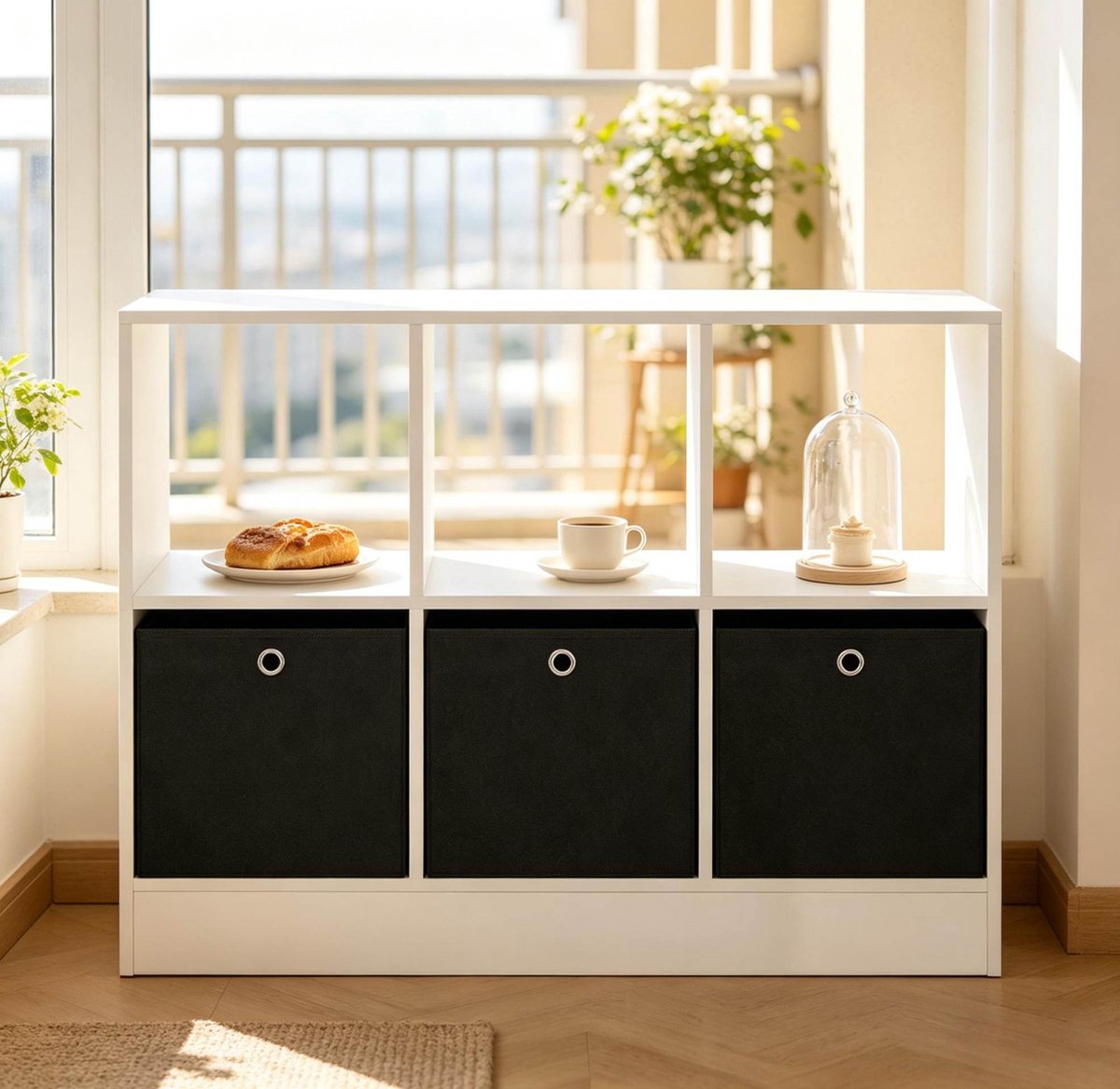 MODFU - Boekenkast - Open Kast Met 3 Stoffen Lades - Modern - Woonkamer - Hout - Wit Zwart