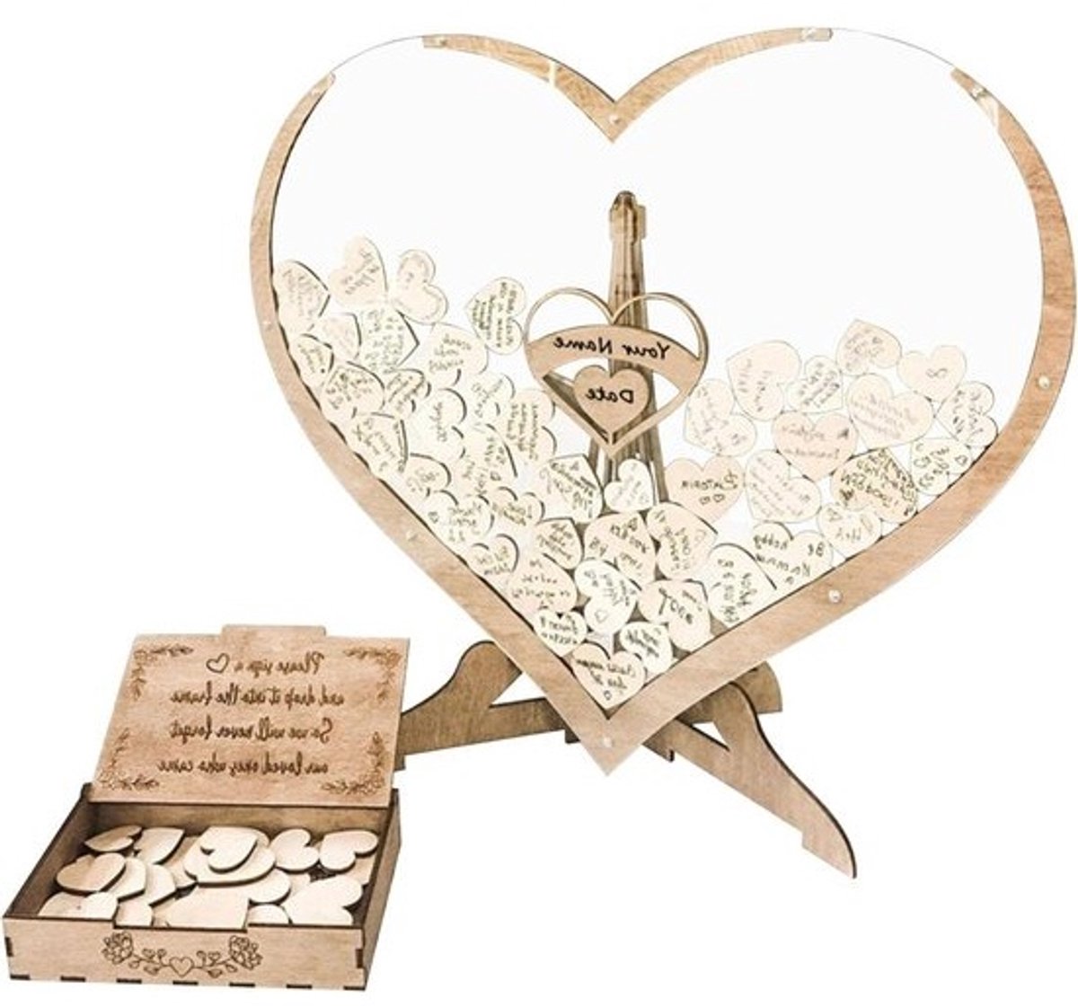 Gastenboek Hartjes - Bruiloft Decoratie - Herinneringen Bewaren - Inclusief Houten Hartjes - 34 x 37.5 cm - Houtkleurig