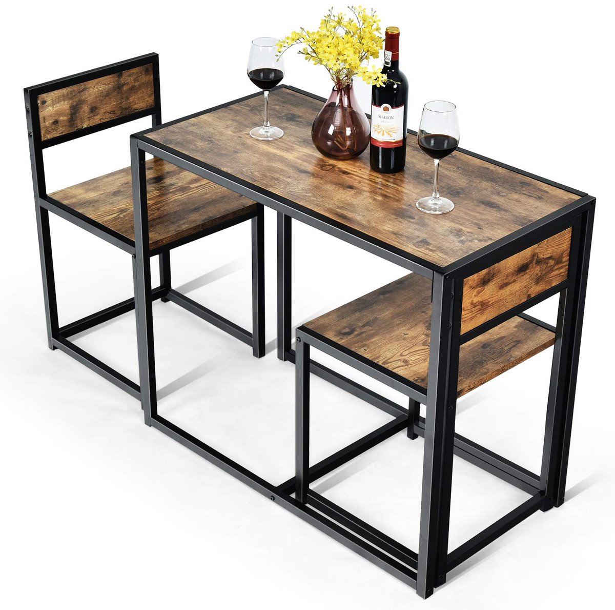 COSTWAY 3-delige eettafelset, keukentafel set met 2 stoelen, compacte tafel en 2 stoelen met metalen frame voor kleine ruimtes, keuken, eetkamer, bistro