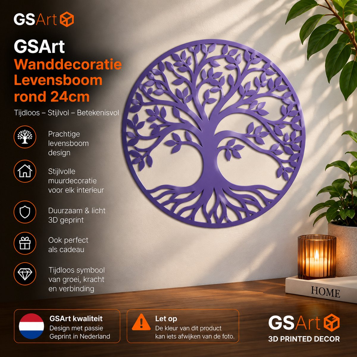 GSArt Wanddecoratie Levensboom Rond 24 cm – Muurdecoratie Tree of Life – 3D Geprint - Zijde Paars