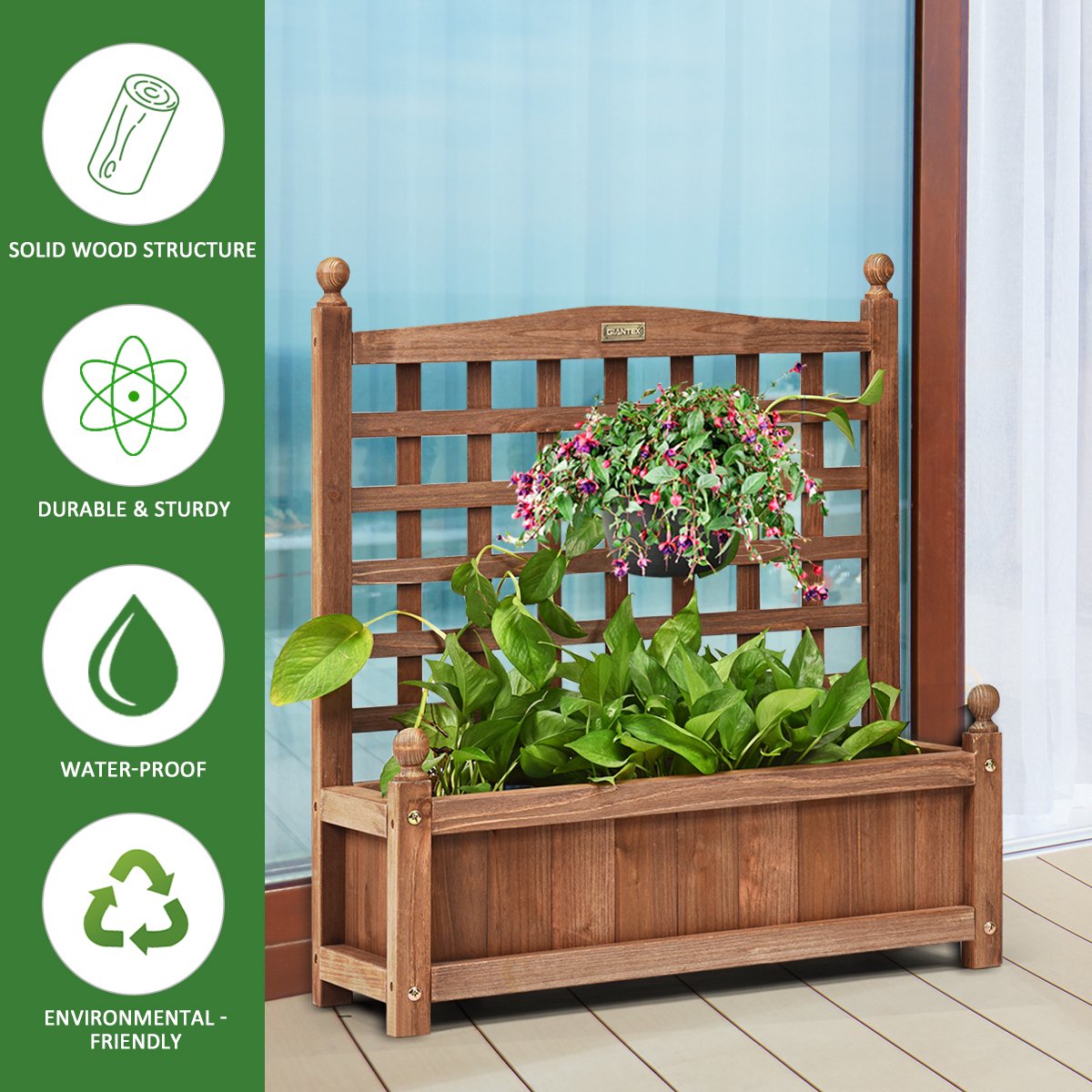 SureDeal® - Tuinier - Stevige Houten Plantenbak - Trellis Weerbestendig Bloempot - 64,5x28x75 cm - Donkerbruin