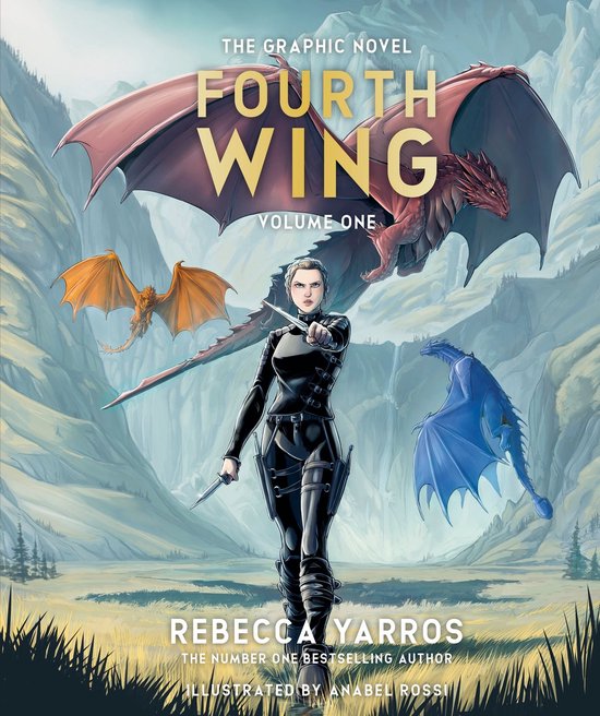 Graphic novel 'Fourth Wing Volume One' met een vrouw in zwart leren pak en drie draken in een berglandschap.