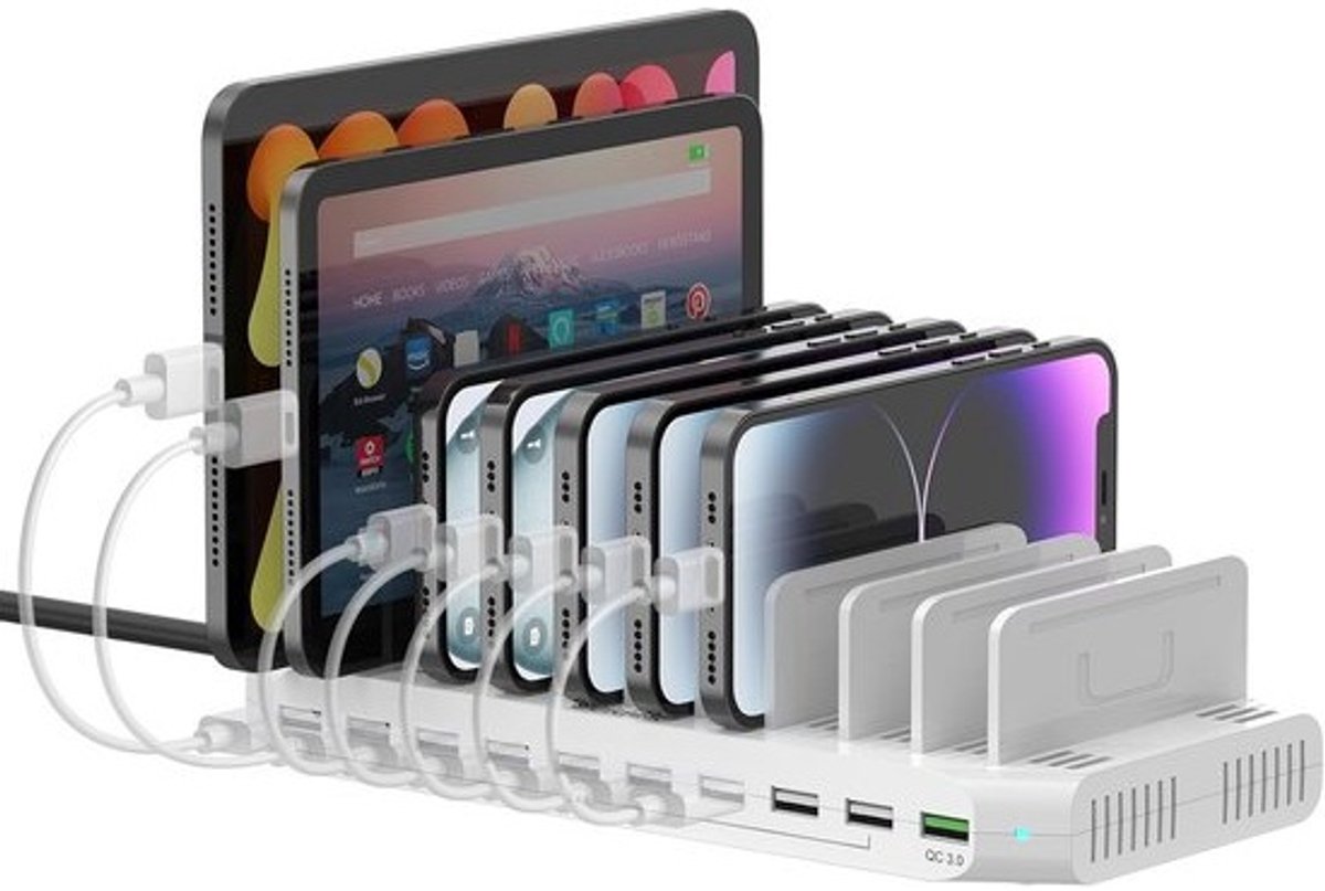 10-poorts USB laadstation 60W met Quick Charge, oplaadstation voor meerdere tablets en smartphones