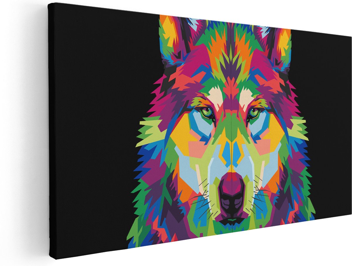 Artaza Canvas Schilderij Gekleurde Wolvenkop - Wolf - Abstract - 180x90 cm - Groot - Wanddecoratie Woonkamer - Schilderijen - Muurdecoratie