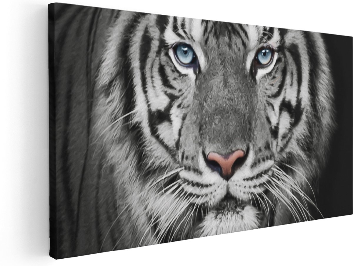 Artaza Canvas Schilderij Tijgerkop Met Blauwe Ogen - Zwart Wit - 180x90 cm - Groot - Wanddecoratie Woonkamer - Schilderijen - Muurdecoratie