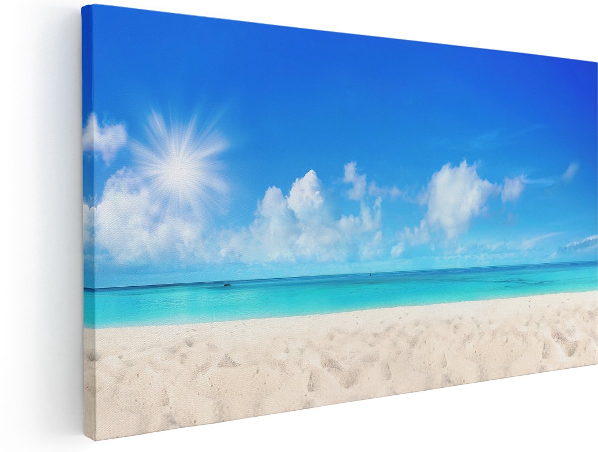 Artaza Canvas Schilderij Strand En Zee Met Helder Witte Zand - 180x90 cm - Groot - Wanddecoratie Woonkamer - Schilderijen - Muurdecoratie