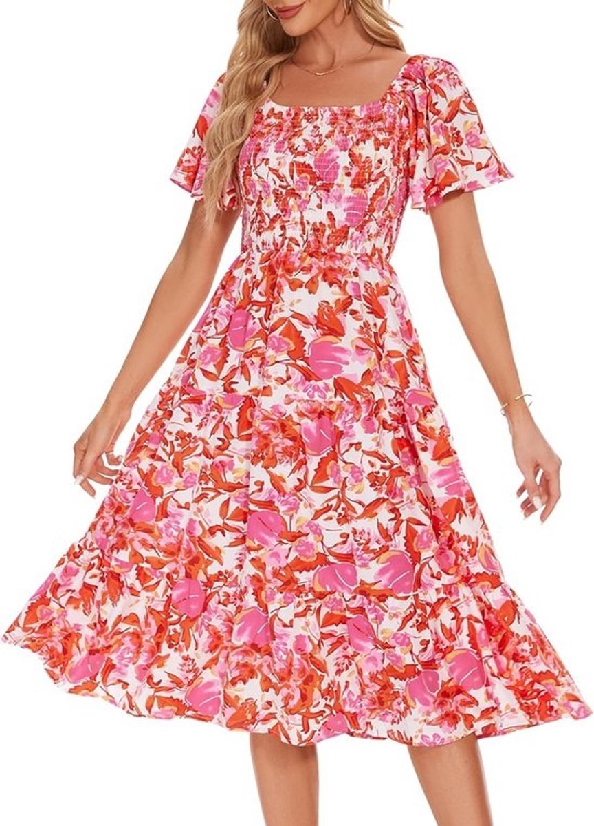 Zomerjurk Dames Boho Bloemenprint Midi Vierkante Hals Gesmokt Strandjurk