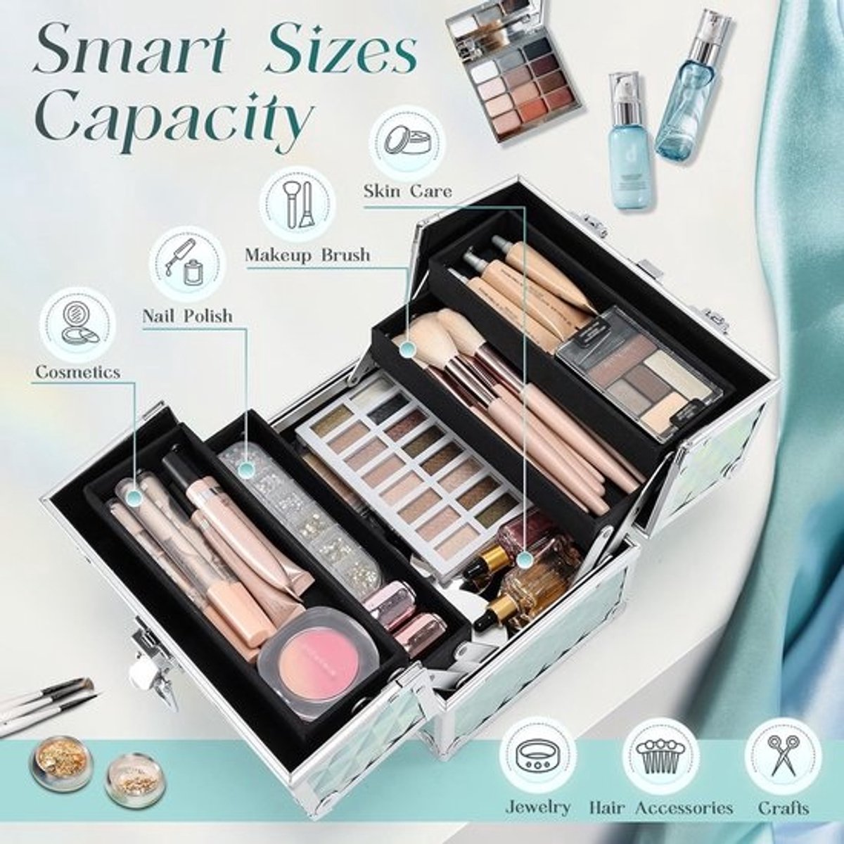Afsluitbare Make-up Koffer Leeg - Beautycase met Sleutel voor Cosmetica en Nagels - Groen