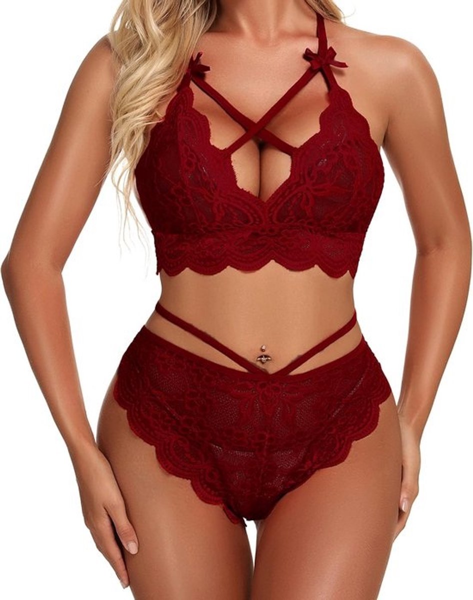 Lingerieset Dames Kant Bralette en Broekje Strappy Sexy Ondergoed Wijnrood