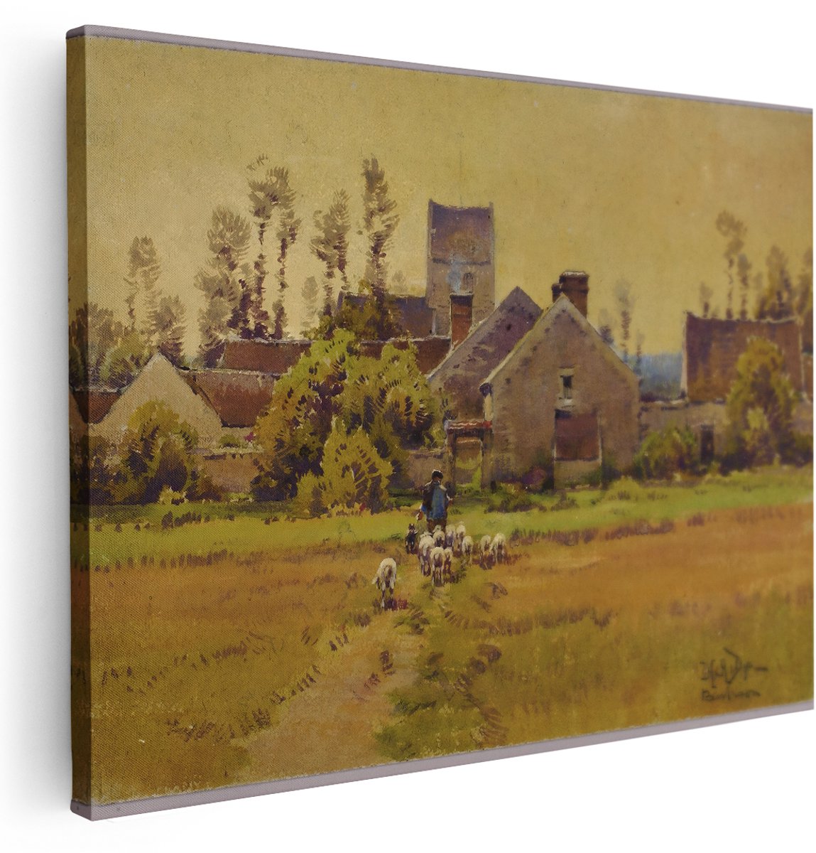 Artaza Canvas Schilderij Landschap Dorp - 160x120 cm - Groot - Wanddecoratie Schapen - Muurdecoratie Klassiek - Schilderijen Op Canvas Natuur