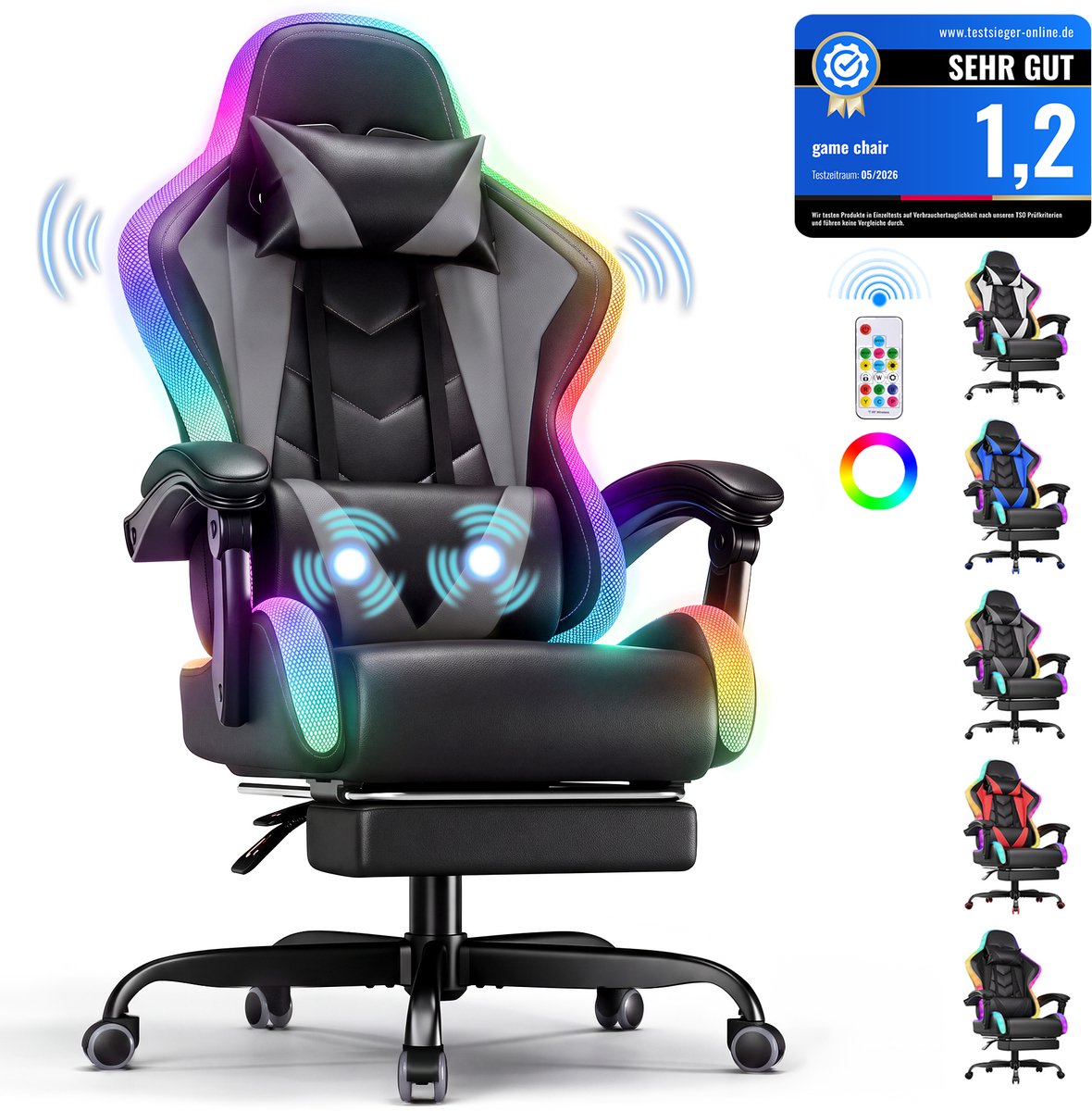 Devoko Game Stoel met ledverlichting-Ergonomische Gamestoel-Gaming chair met voetensteun-Bureaustoel met hoofdsteun en taille massage-Zwart grijs