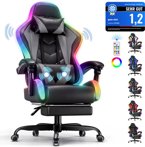Zwarte en grijze gamestoel met RGB-verlichting, afstandsbediening, massagefunctie en optionele voetensteun.