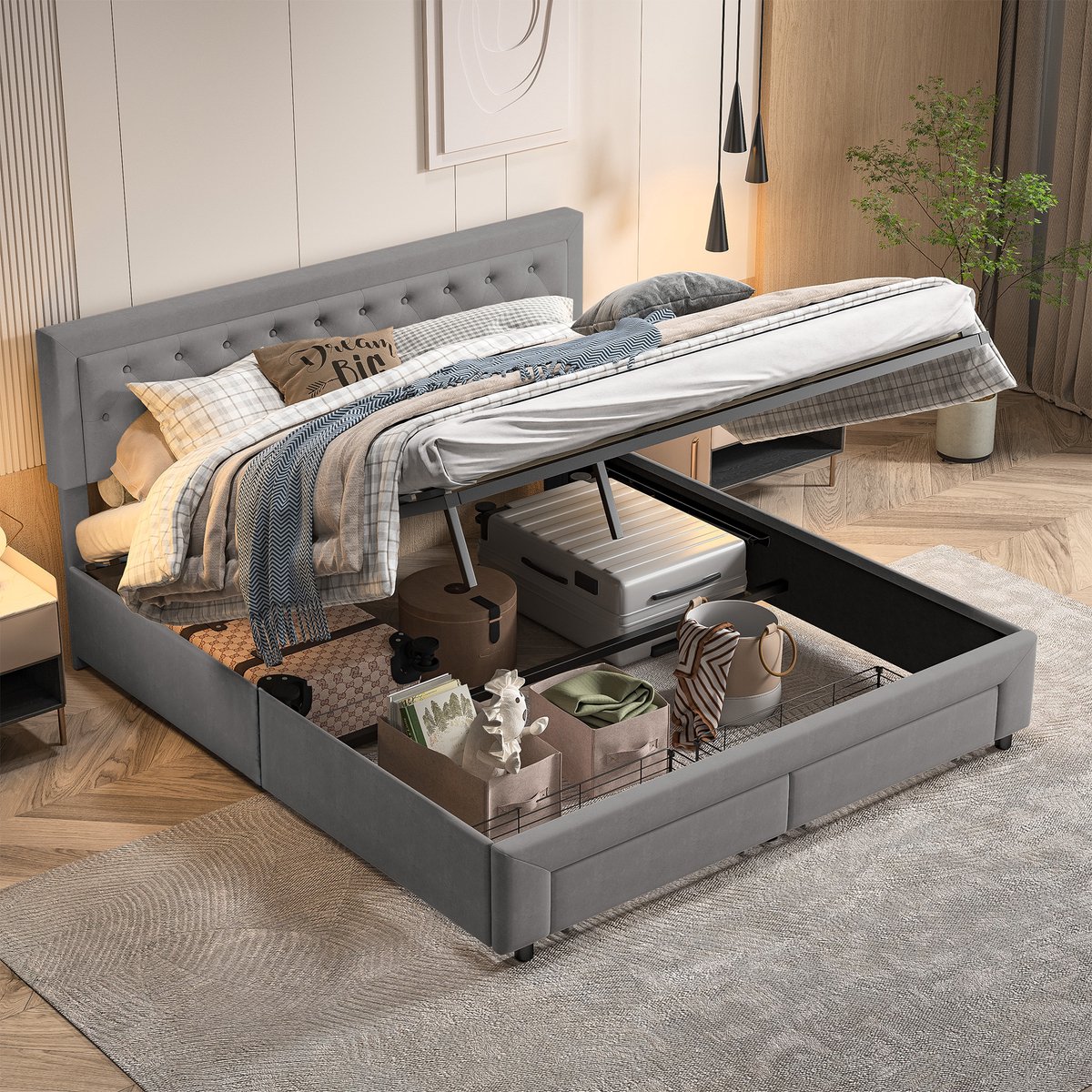 Tweepersoonsbed 180x200 cm, volwassen bed met opbergruimte en gecapitonneerd hoofdbord, opbergbed, fluweel, grijs, zonder matras