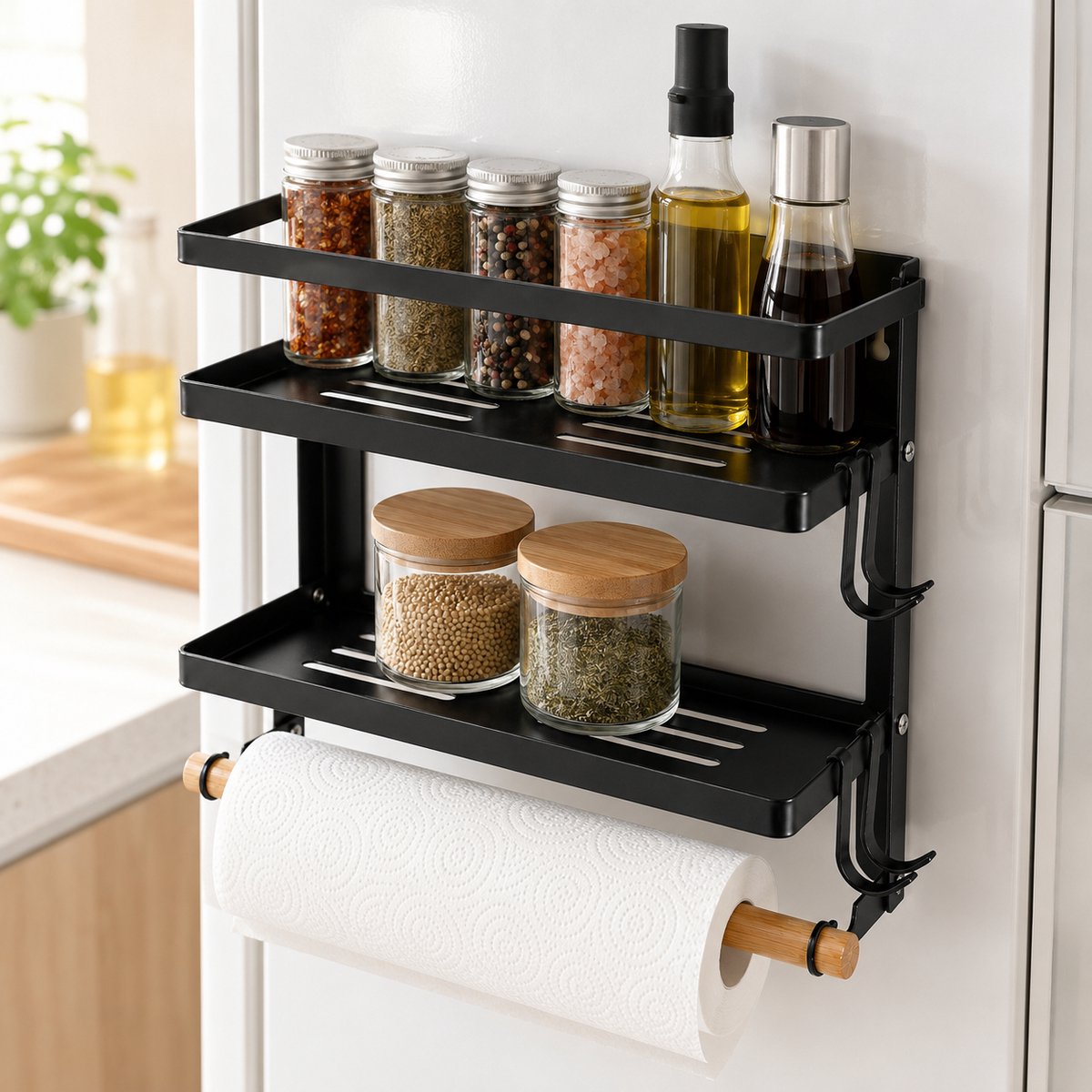 Magnetisch 2-laags opbergrek – Inklapbaar kruidenrek voor koelkast – Met houten stang – Zwart – 30x30x11 cm