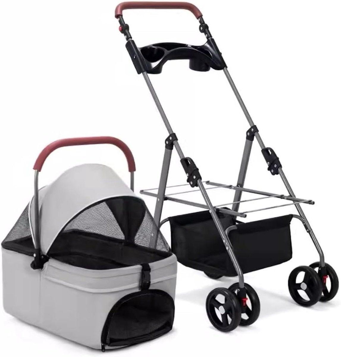 Huisdierenwagen - Hondenbuggy Kattenwagen - Veilig Vervoer - Afneembare Drager - 45x65x98cm - Grijs