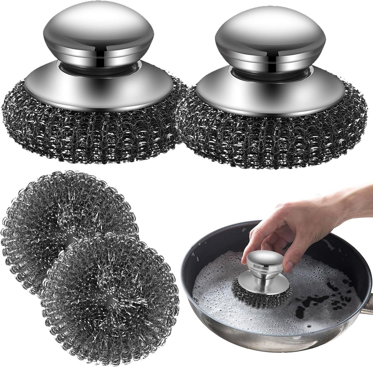 Set van 4 roestvrijstalen sponzen met handvat voor effectief schoonmaken en afwassen