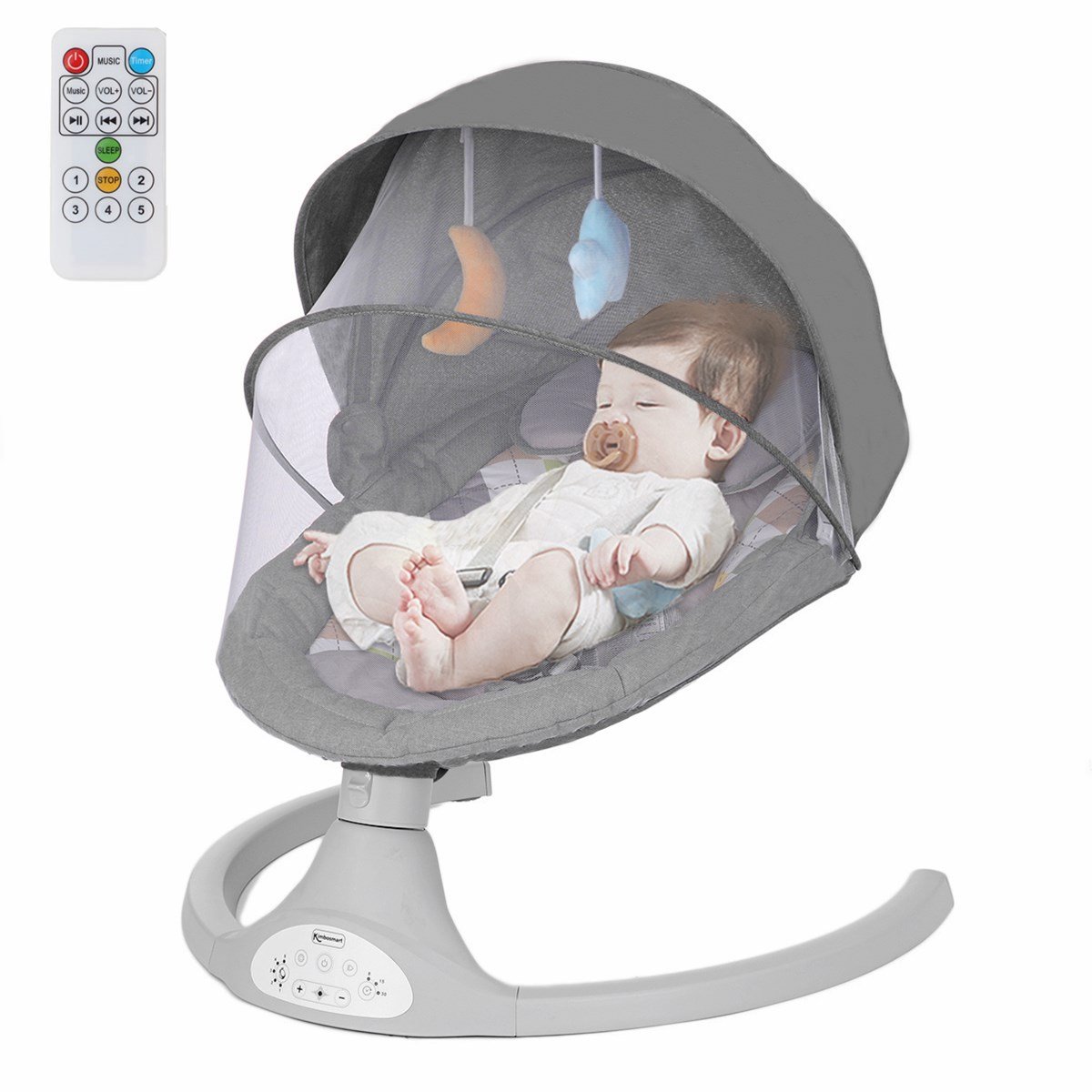 Elektrische Baby Wipstoel – Bluetooth, Afstandsbediening, 5 Trillingsstanden, Muziek, 5-Punts Veiligheidsgordel & Klamboe – Grijs