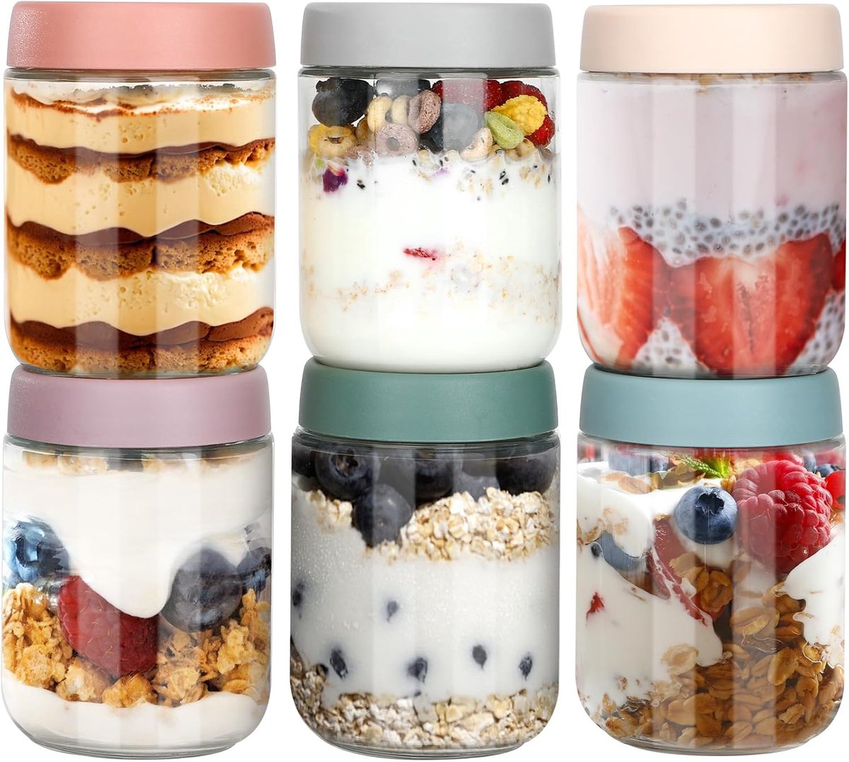 KZQ Glazen Potjes - 6 Stuks - 480ml - Voorraadpotten Met Deksel - Luchtdicht - Voor Overnight Oats Muesli Yoghurt - Ontbijt & Lunch - Multicolor