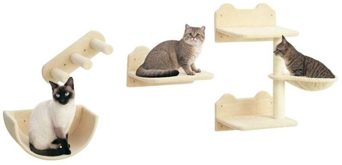 Wandgemonteerd klimspeelgoed voor katten, kattenplanken, 4-delig, hangmatnest, springplatforms, beige